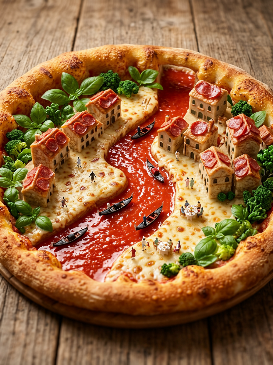Miniature Venice Cityscape on Pizza