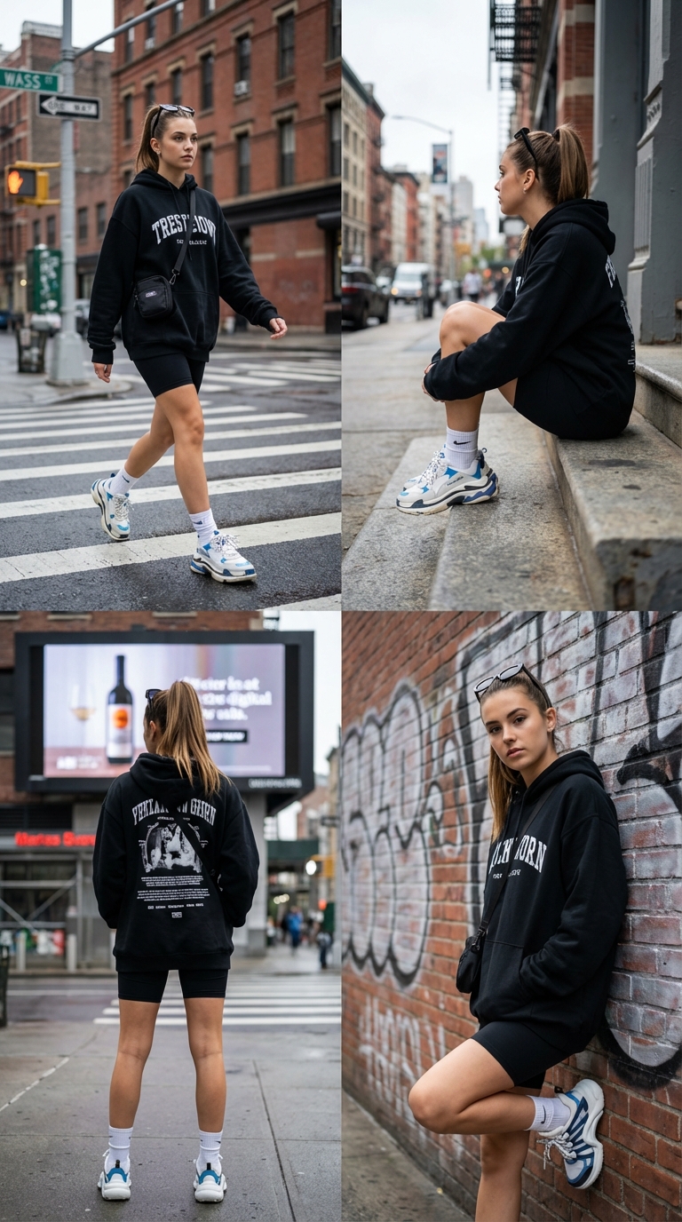 Scene Description a Cohesive 4-panel Fashion Lifestyle Collage Featuring the Same