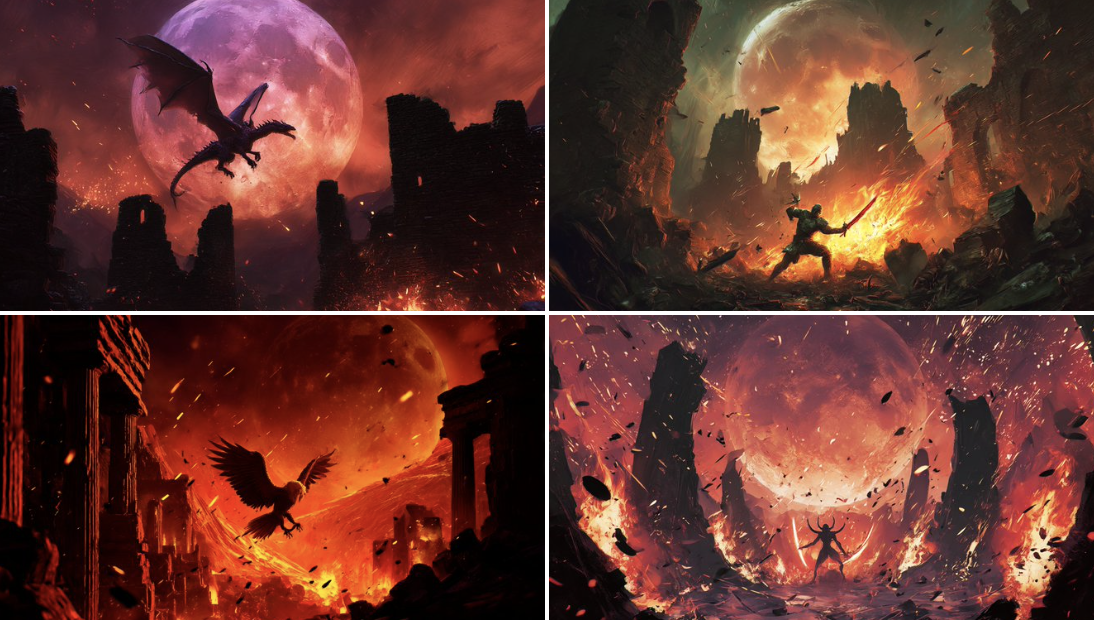 SUBJECT in a Cinematic Painting Battling Amid Crumbling Ruins under a