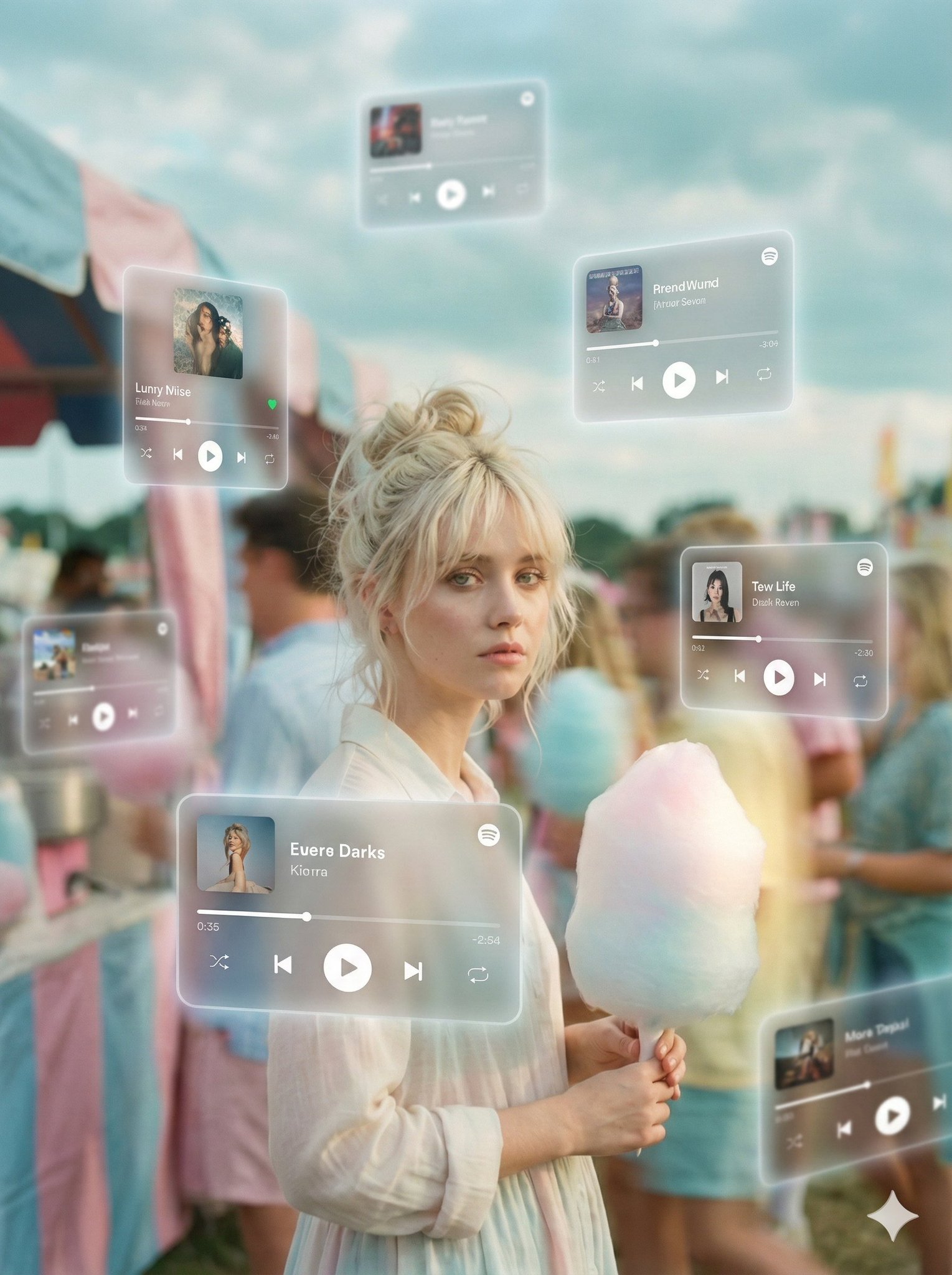 Dreamlike Movie-quality Augmented Reality Visual Where Numerous Hovering Spotify Player Interface
