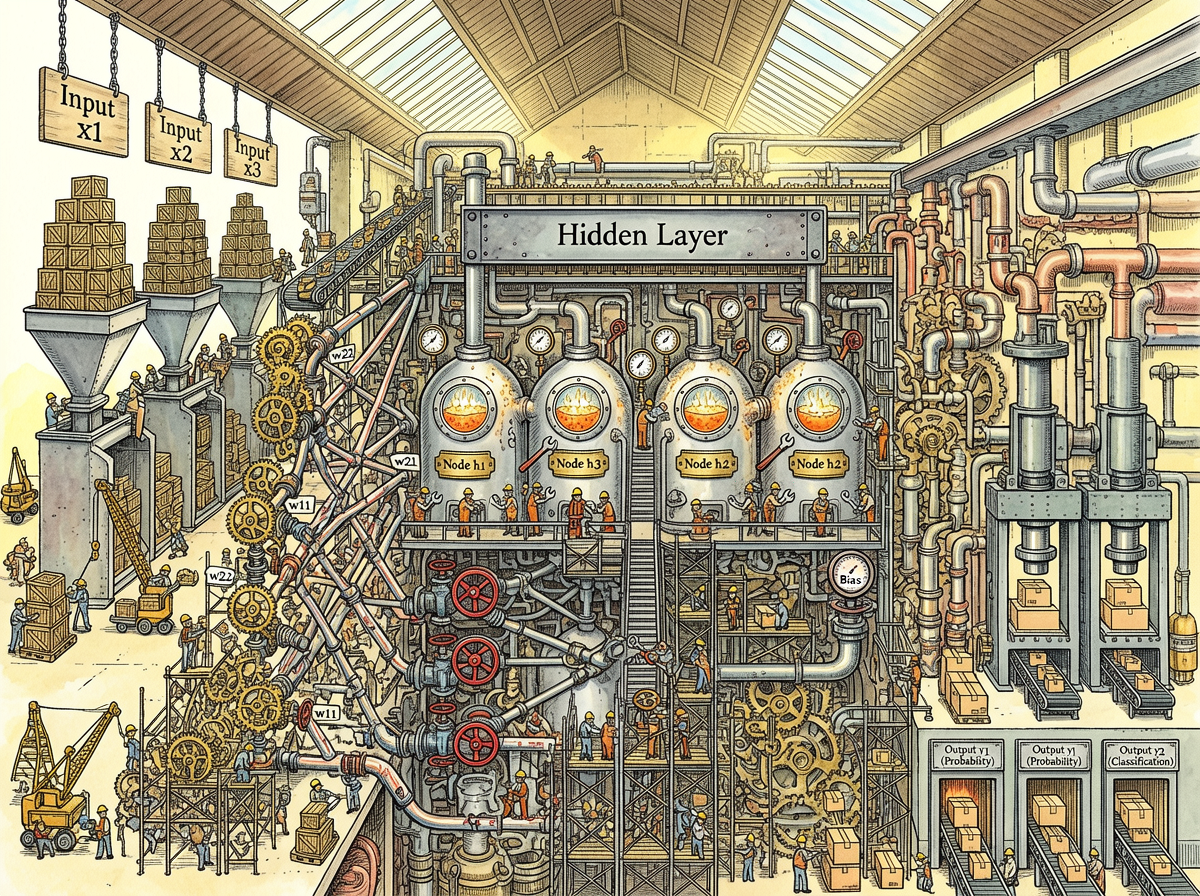 Neural Network Factory Cross-Section Illustration