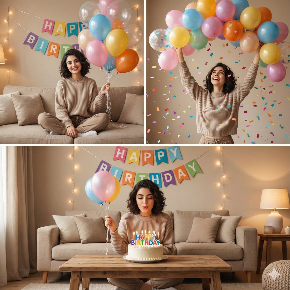 Cozy Indoor Birthday Celebration Collage Featuring the Same Woman in Multiple