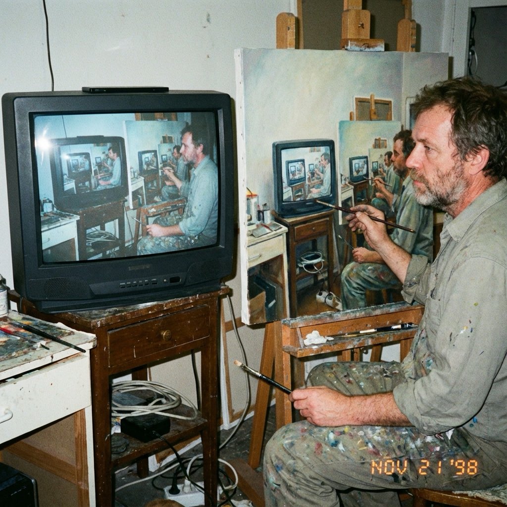 Amateur Photograph From 1998 of a Middle-aged Artist Copying an Image