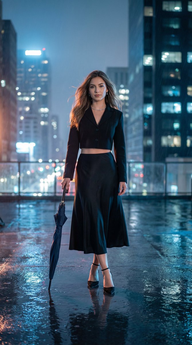 Neon Rain Rooftop Beauty