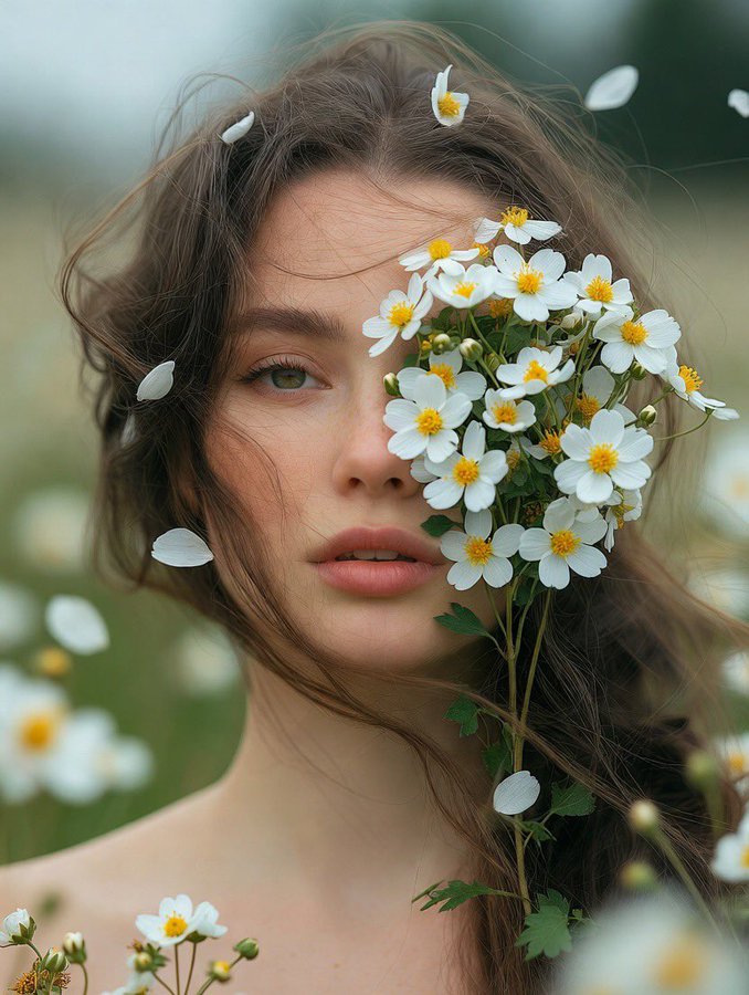 Dreamy Girl in Spring Flowers