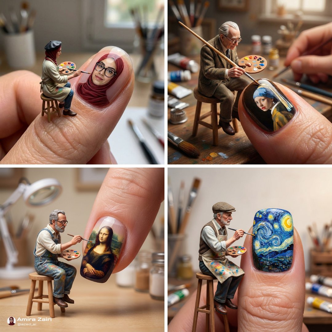 Close-up Hyper-realistic Photograph of a Tiny Artist Sitting on a Stool