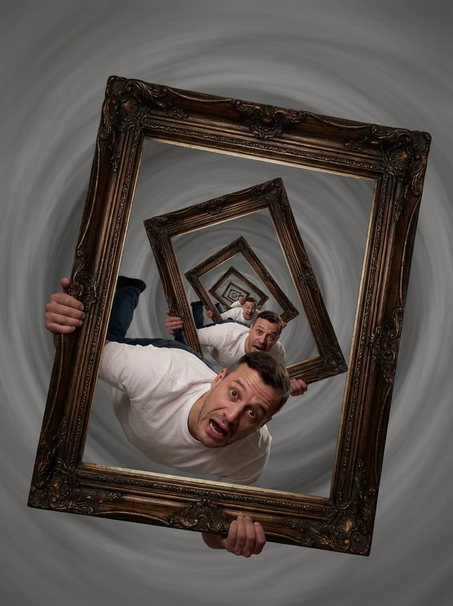 Man with Wide Horrified Eyes Holds a Large Ornate Picture Frame