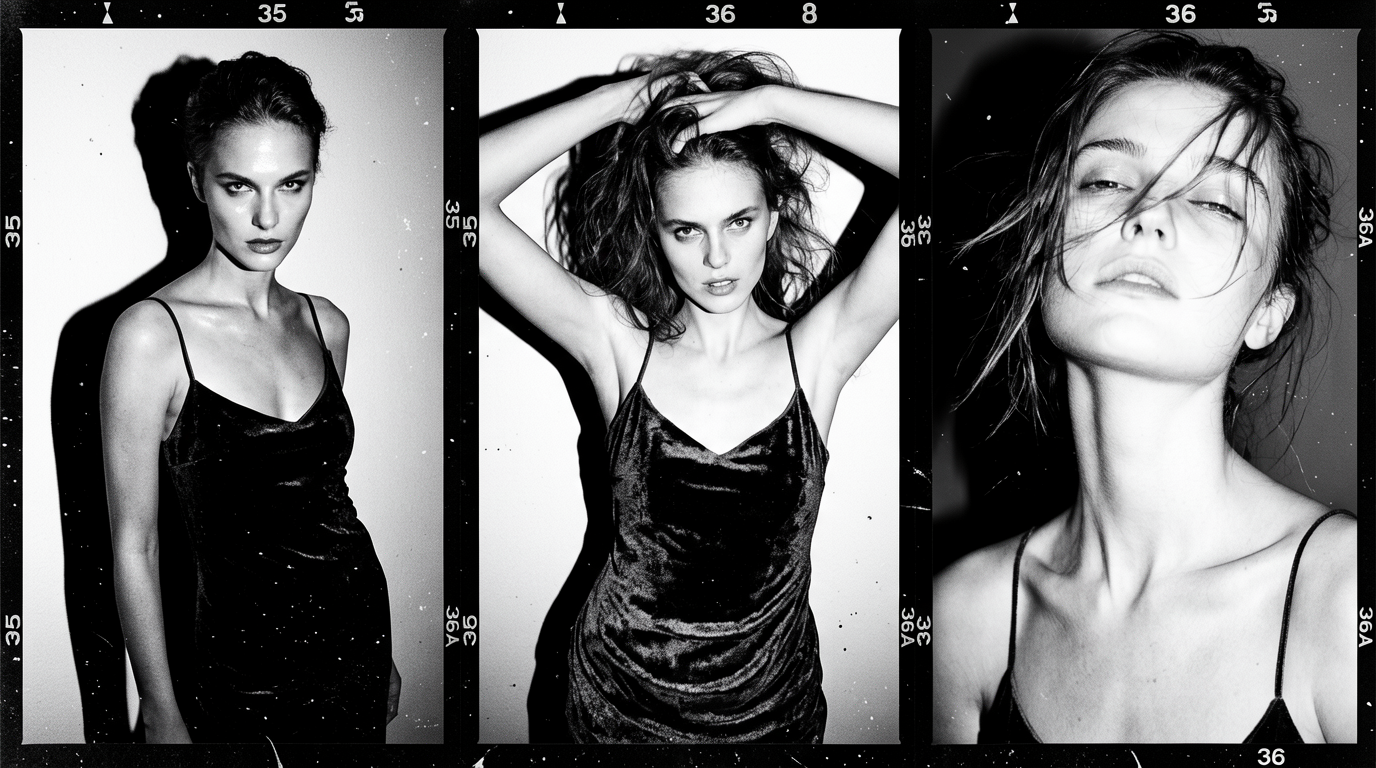 Multi-panel black and white film photo of model