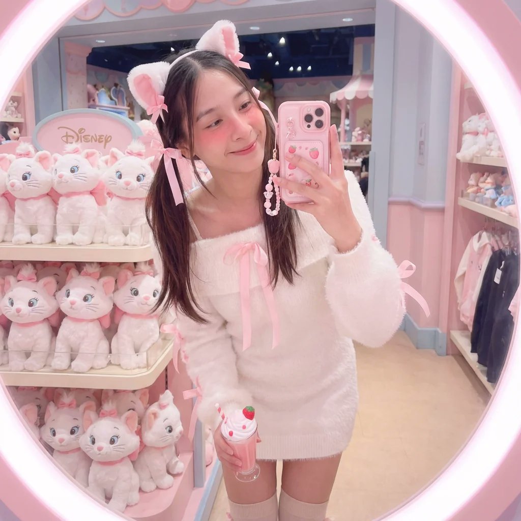 Scene Description a Soft Kawaii Aesthetic Mirror Selfie of a Cute