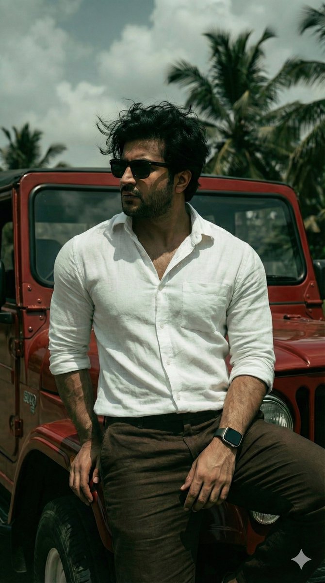 Cinematic Fashion Man with Red Jeep