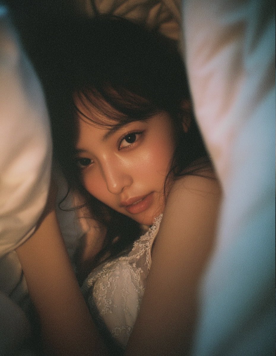 Dreamy Intimate Portrait of a Beautiful Realistic Asian Woman Lying under