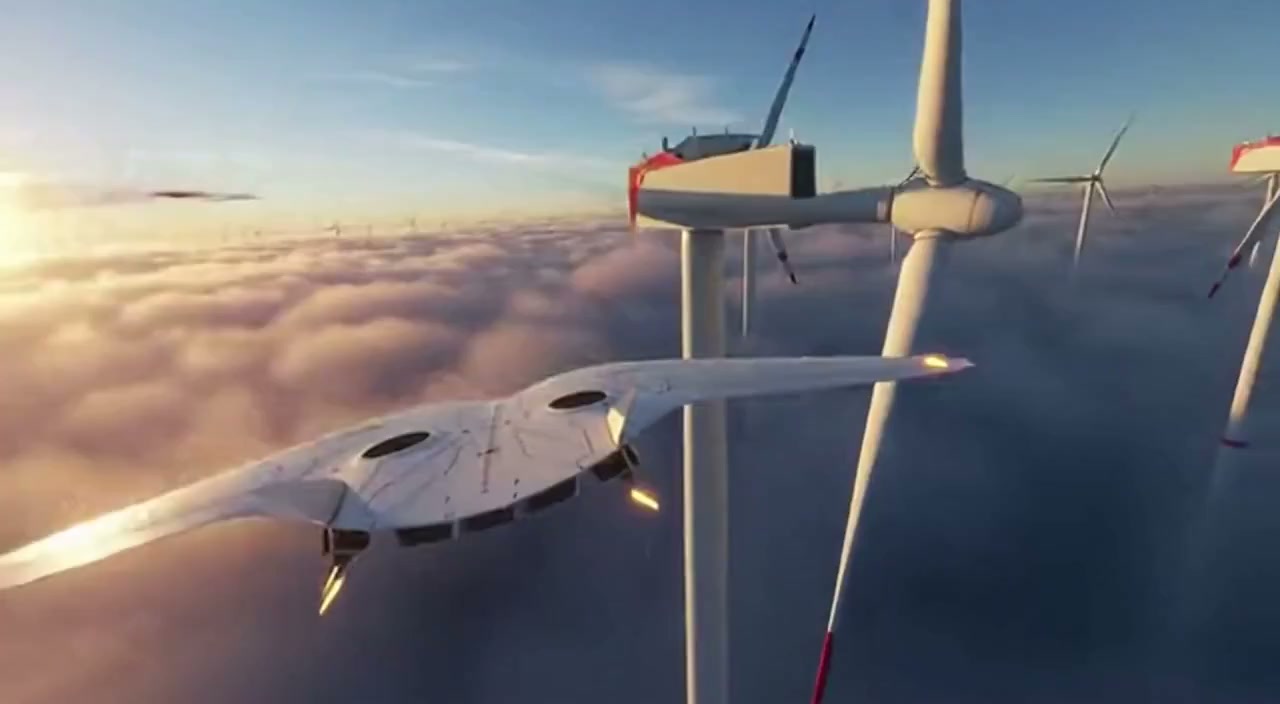 Wind Turbines Orbiting Above Clouds