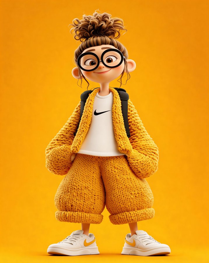 Cute 3D Cartoon Character of a Young Girl Standing Confidently Front
