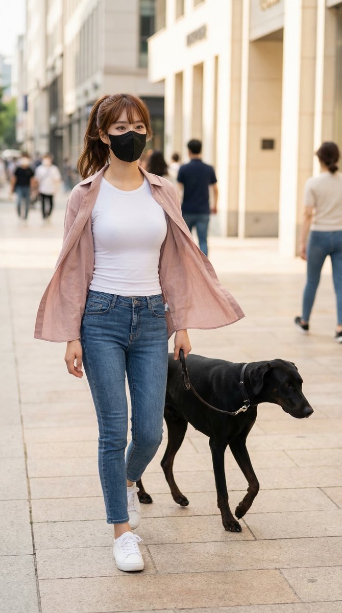 Korean Girl Walking Black Dog City Street