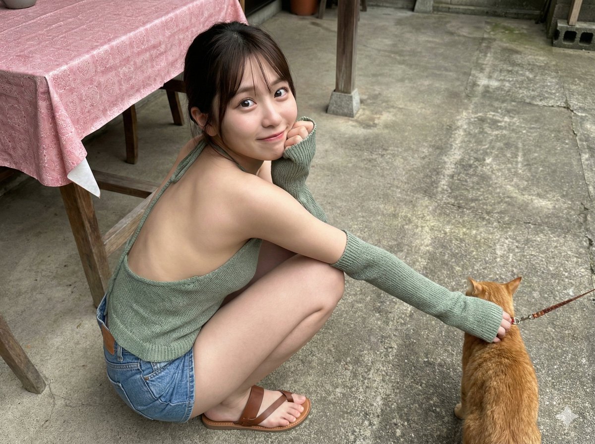 Young Asian Woman Crouching in a Concrete Courtyard