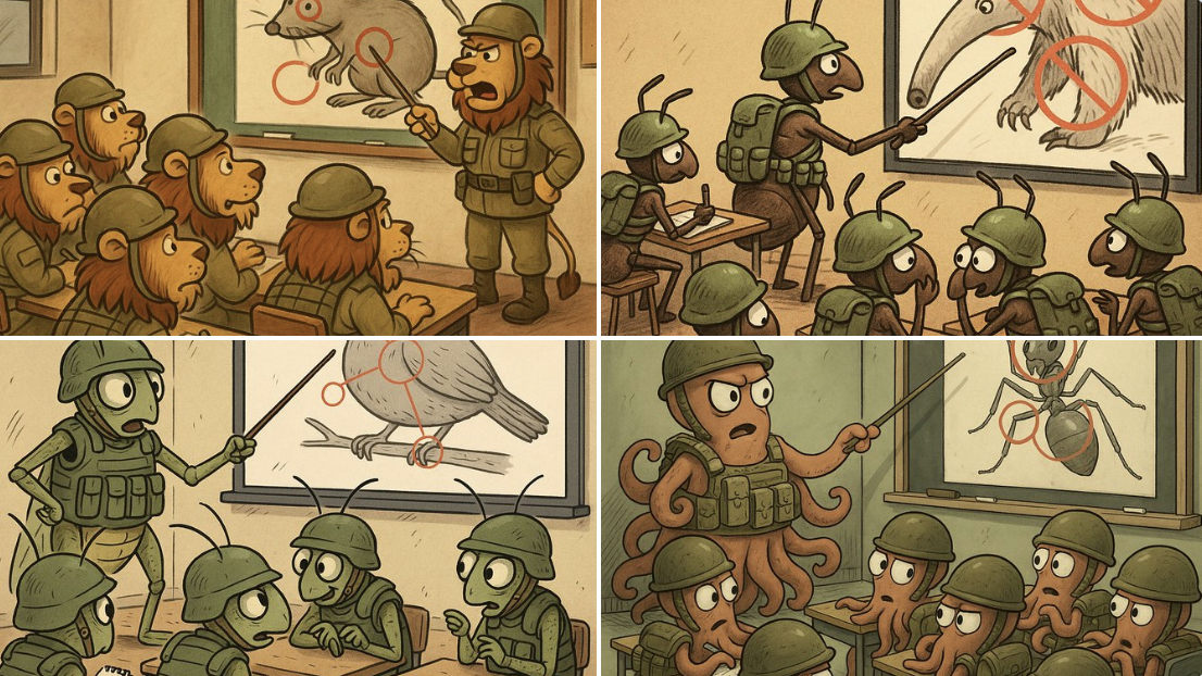 Humorous Cartoon Scene Set Inside a Military Training Classroom