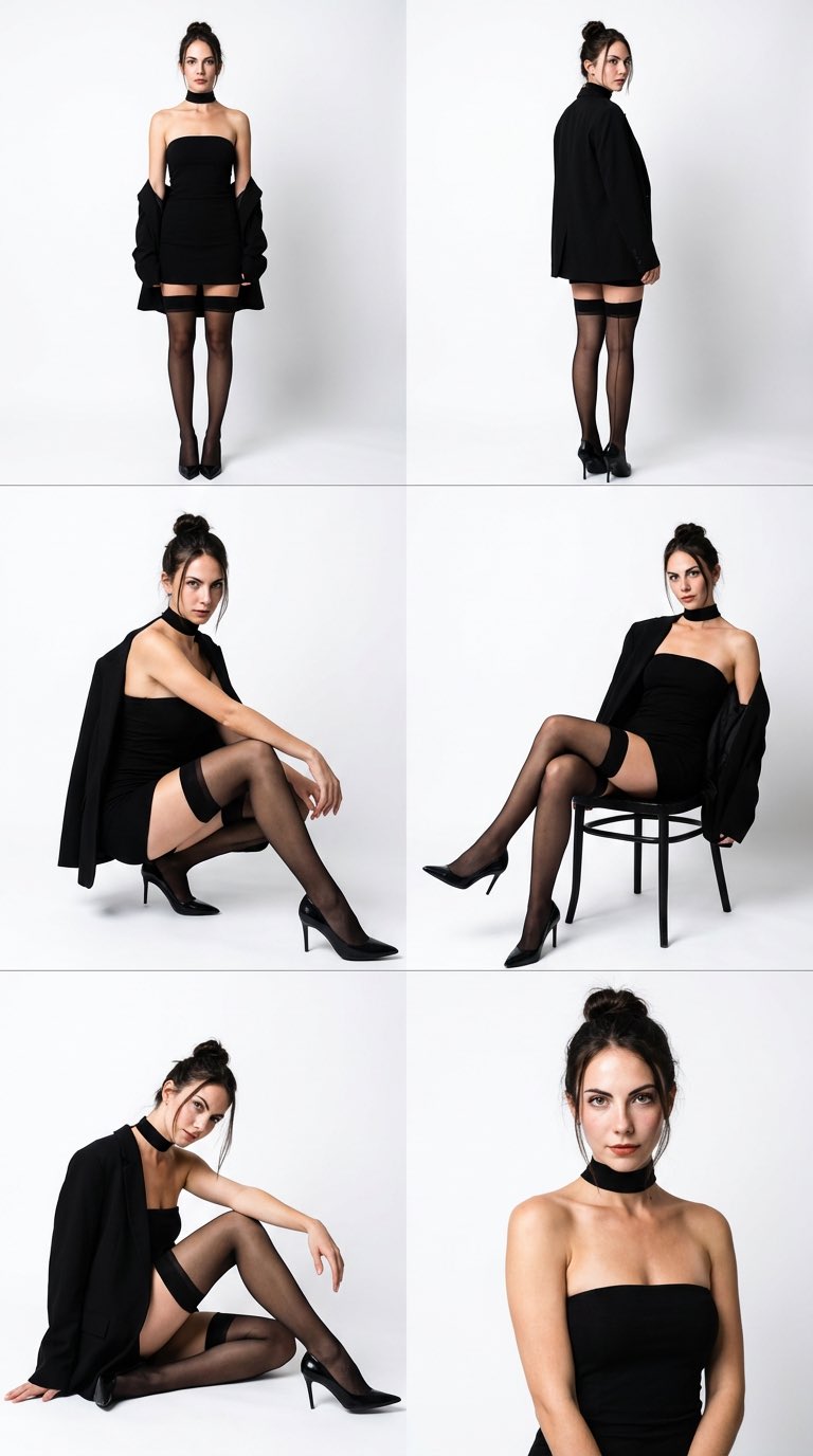 A Realistic High-fashion Studio Photo Collage Featuring the Same Woman in