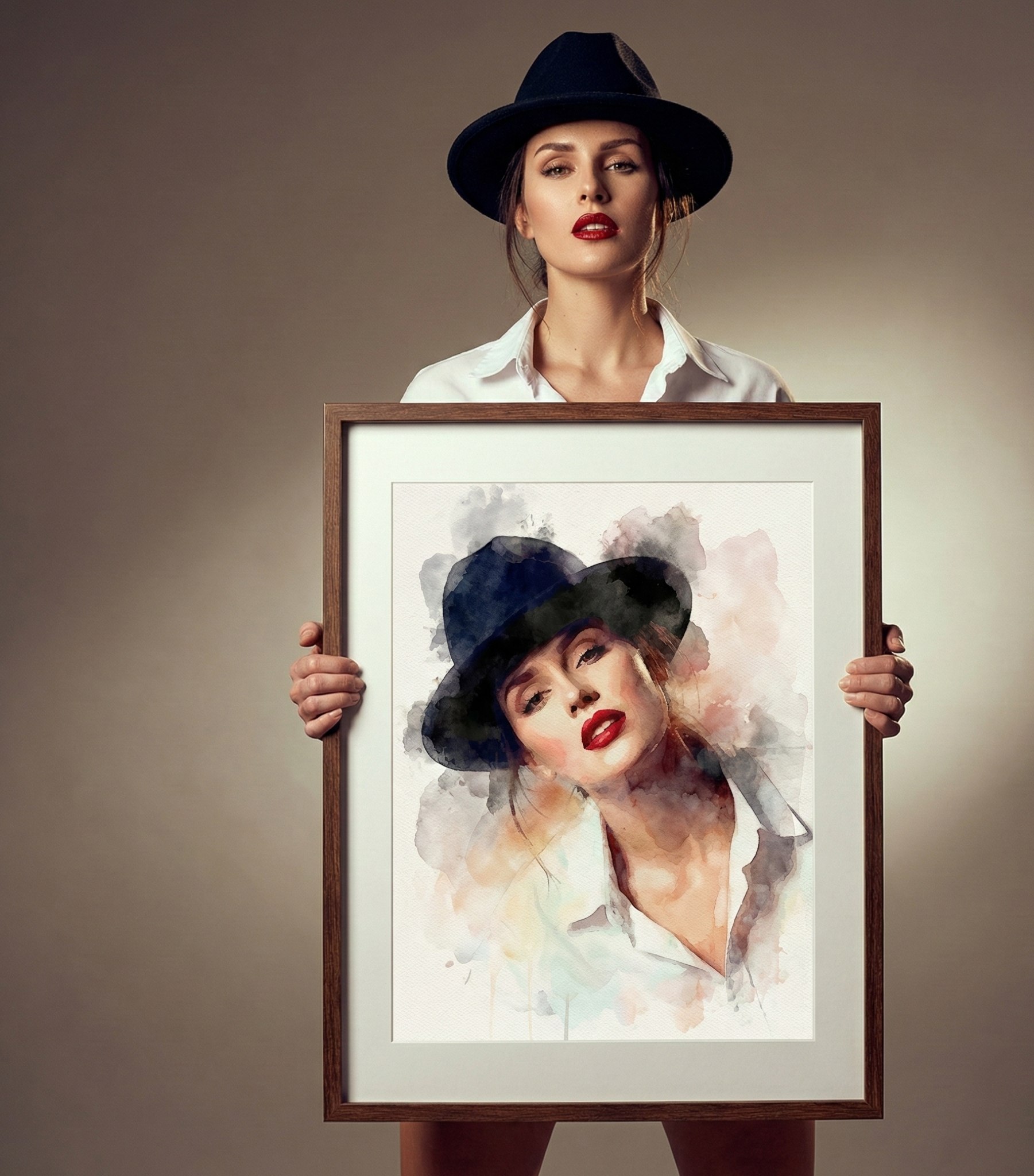 Stylish Woman Wearing a Black Fedora and White Shirt Stands Against