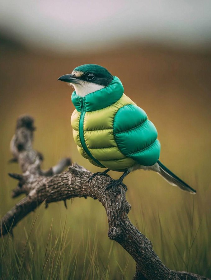 Bird Wearing an Inflatable COLOR Down Jacket Perched on the Top