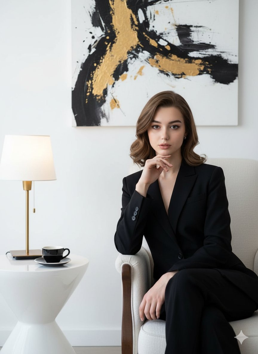 Beautiful Confident Woman Wearing a Black Suit Sits Elegantly on a