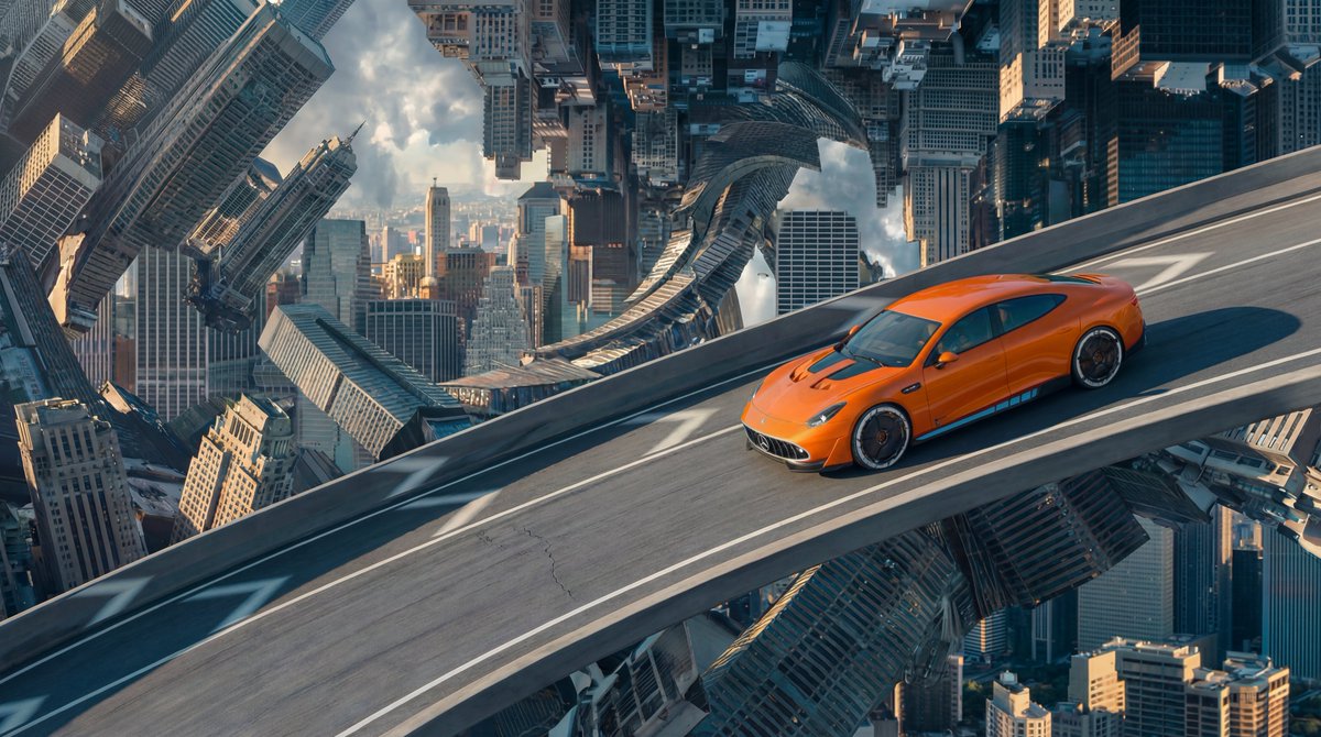 Subject Core Bright Orange Low-profile Streamlined Sports Car Action Pose Accelerating