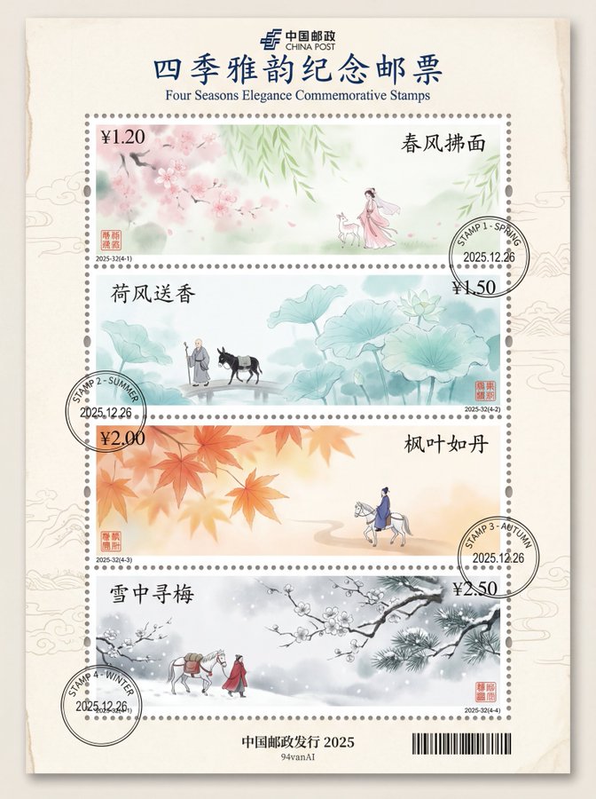 Style Chinese Postage Stamp Design Neo-Chinese Ink Wash Painting Shuimo Style