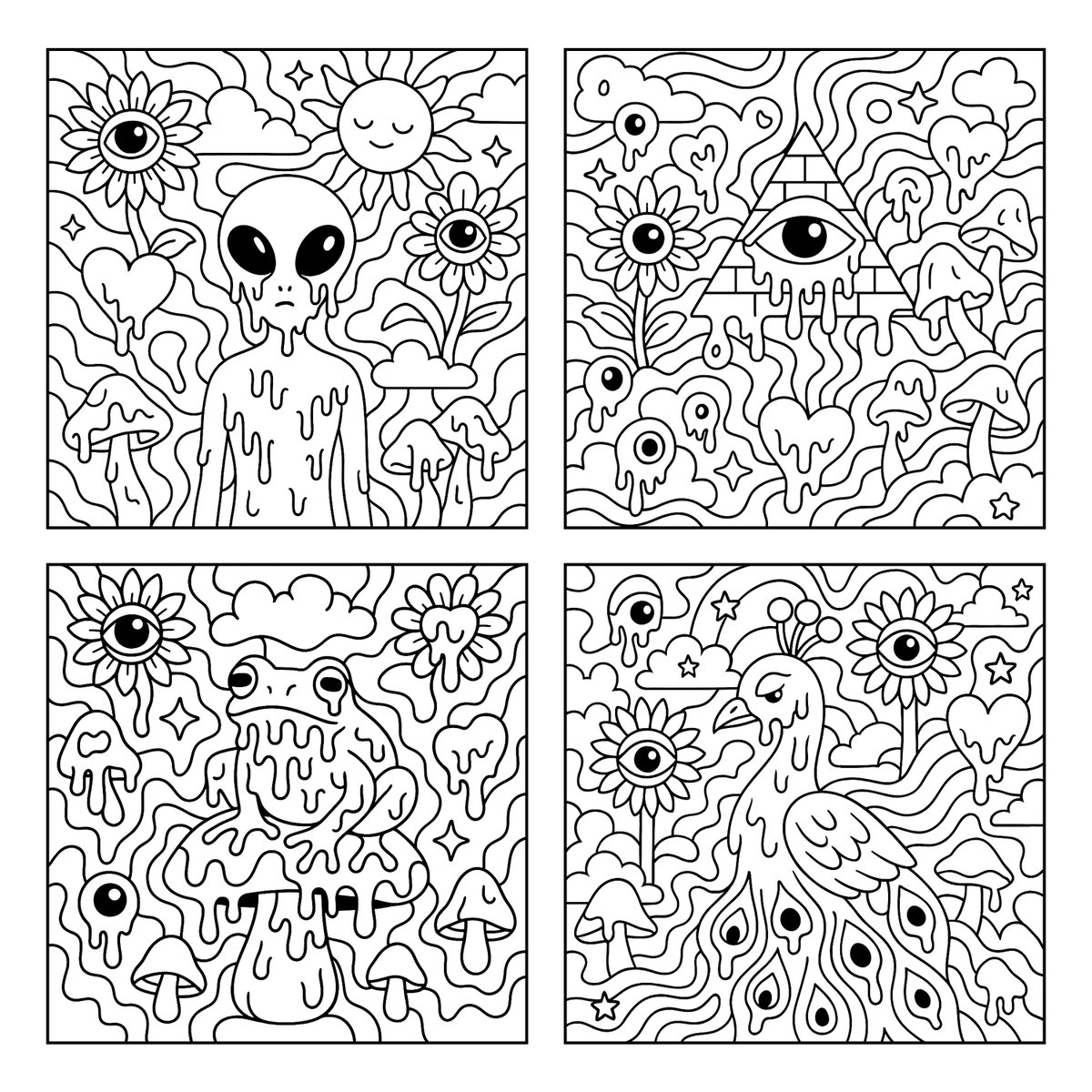 A Psychedelic Black and White Coloring Page Featuring Melting SUBJECT in