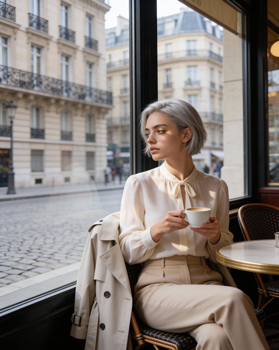 Elegant Silver Hair Girl Paris Cafe
