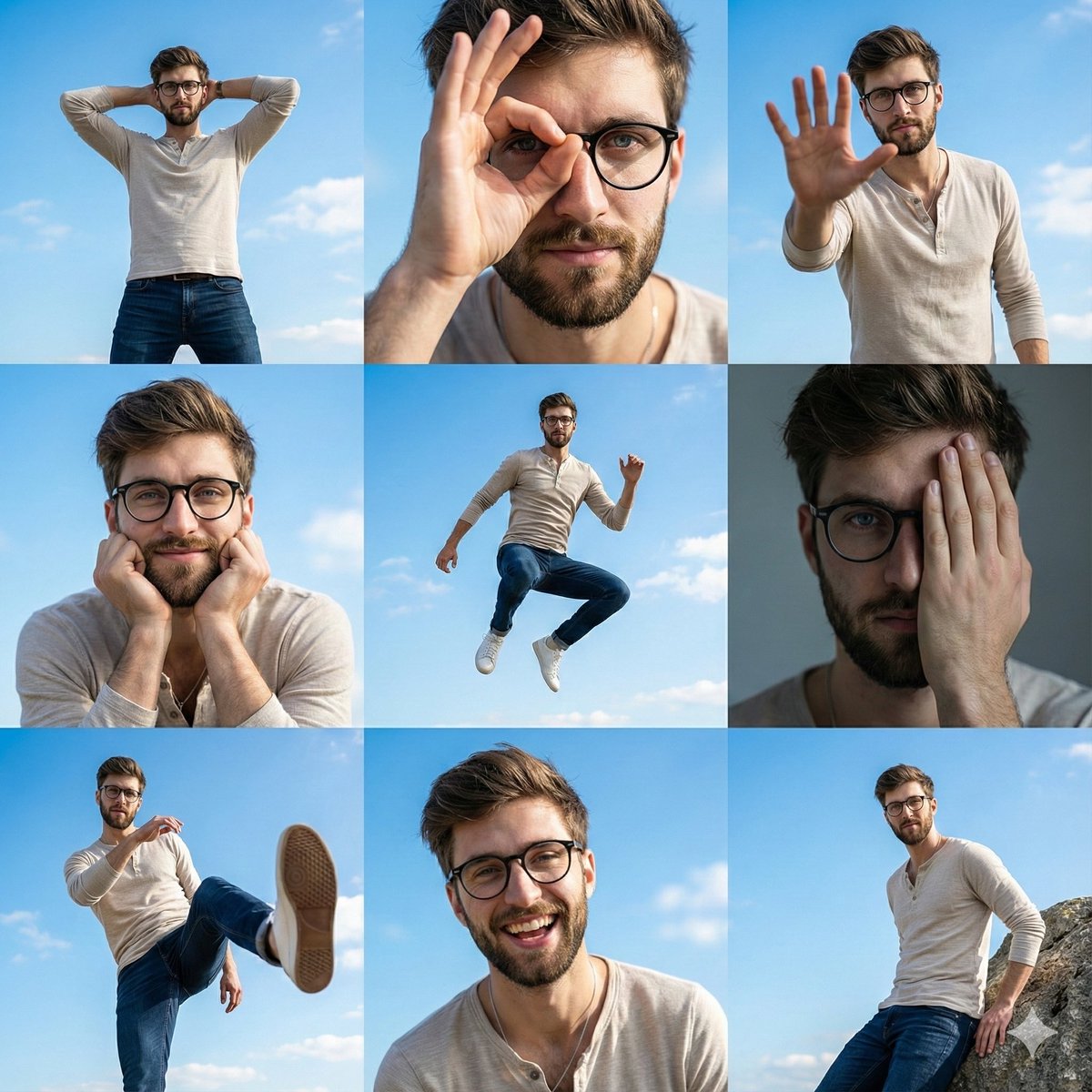 High-resolution 3x3 Grid Photo Collage Featuring Nine Distinct Dynamic Poses of