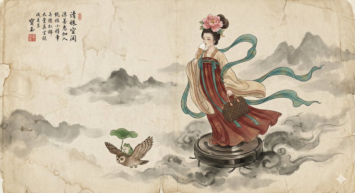 Traditional Chinese Gongbi Ink and Color Painting on Aged Textured Rice