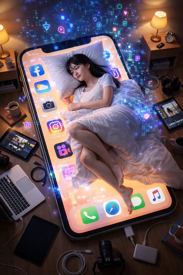 Girl on Phone Bed