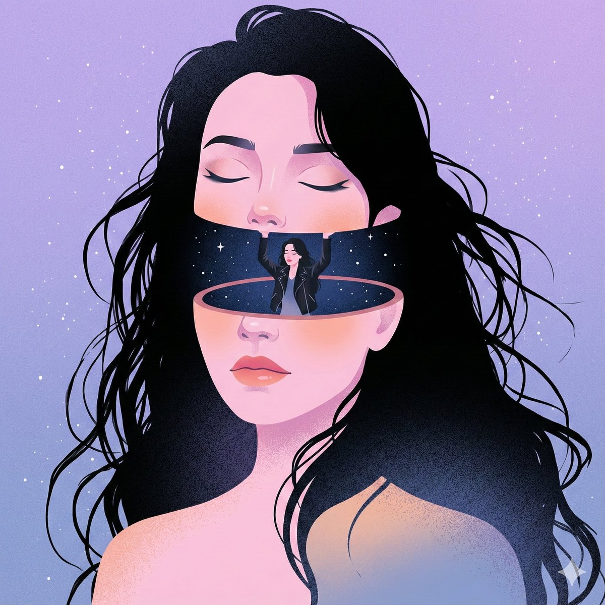 A Surreal Whimsical Digital Illustration of a Young Woman with Pale