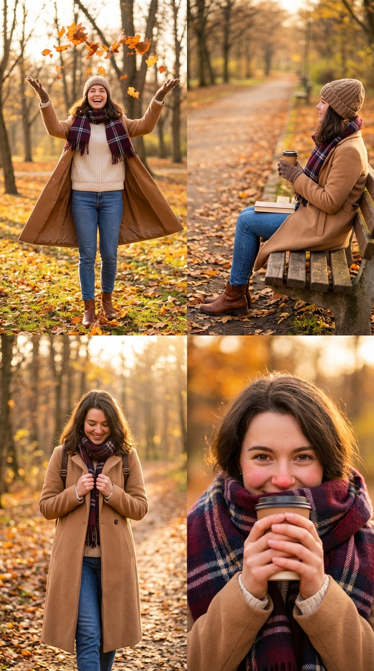Scene Description a Cohesive 4-panel Fashion Lifestyle Collage Featuring the Same