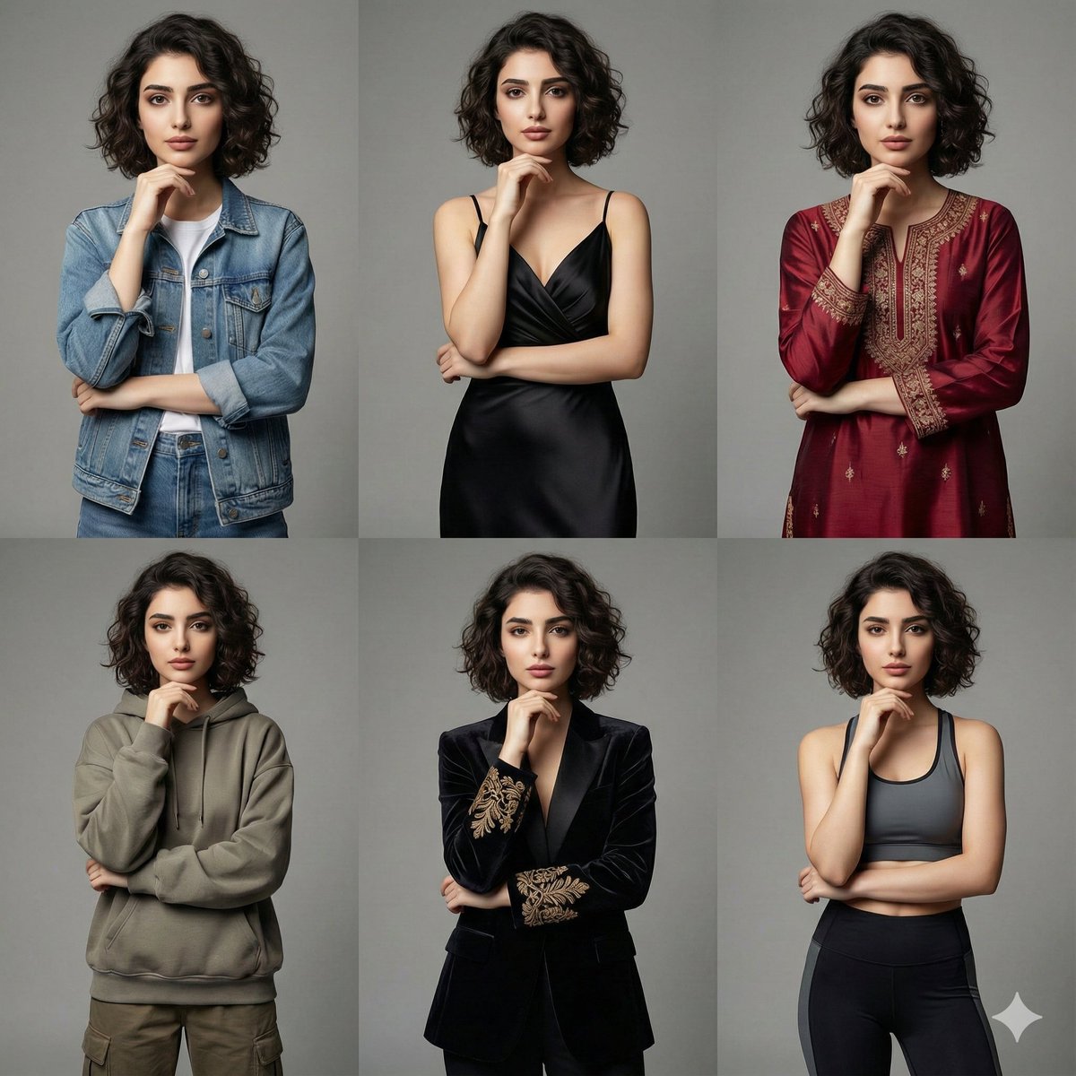 Cinematic Fashion Grid Showing the Uploaded Photo Styled in Different Outfits