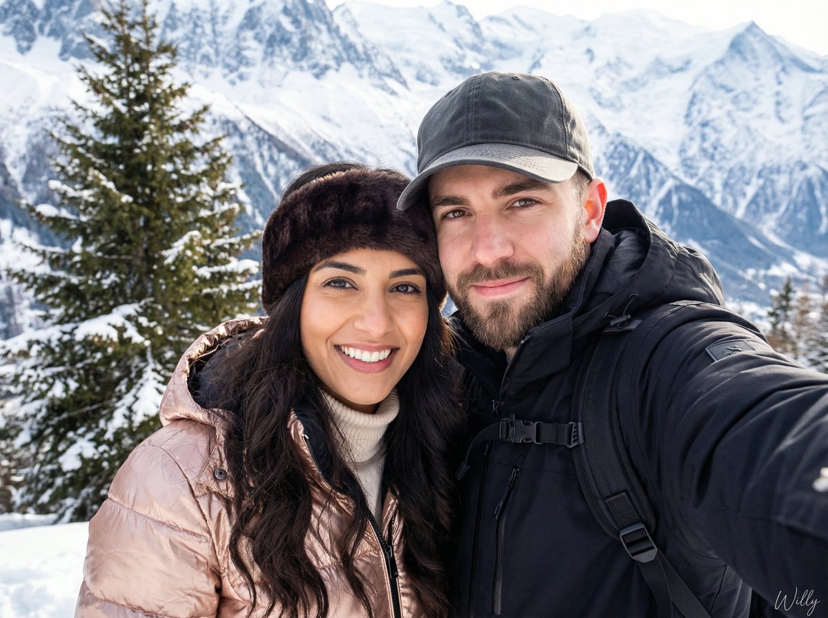 Snowy Peak Couple Selfie