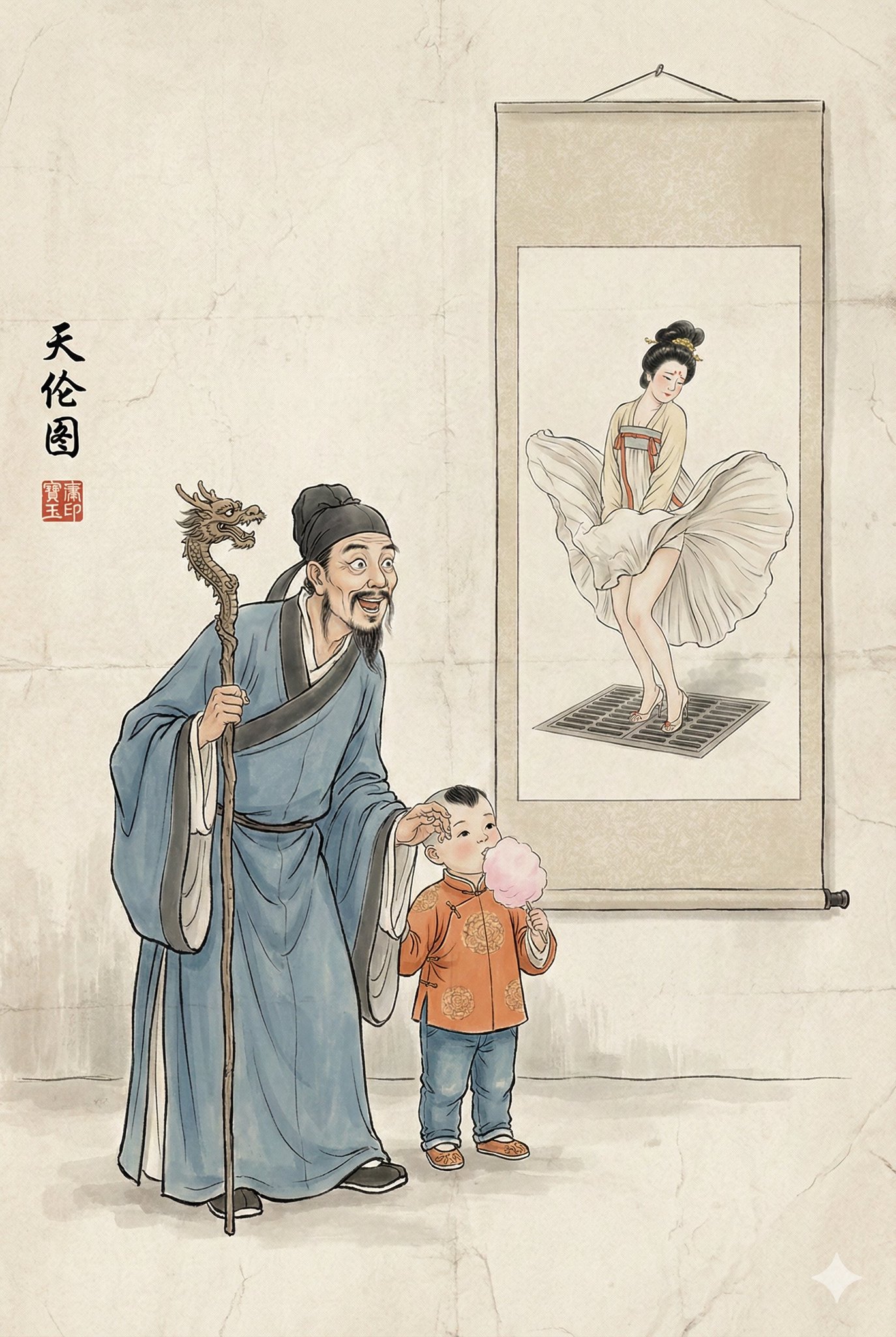 Playful Ink-Wash Family Scene