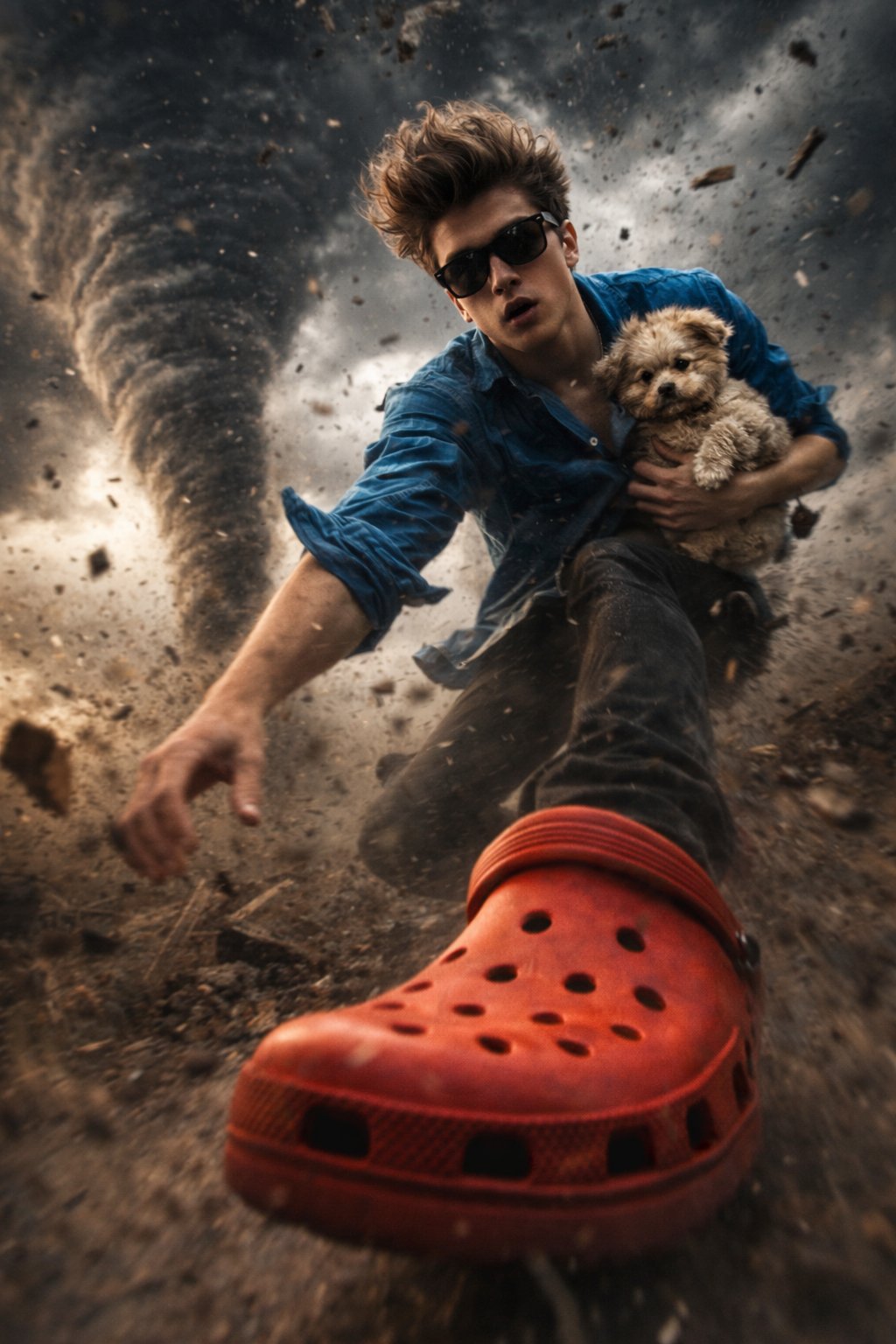 Surreal Tornado Blue Shirt Red Crocs