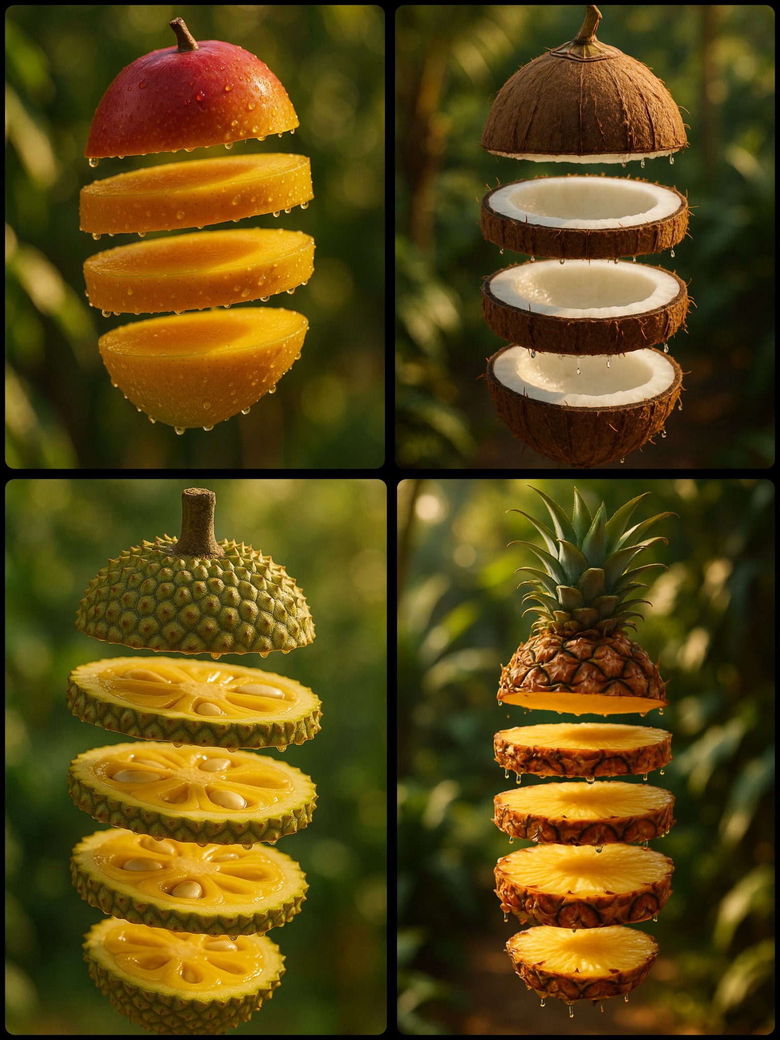 Hyper-realistic Photograph of a FRUIT Sliced into Five Glossy Layers Each