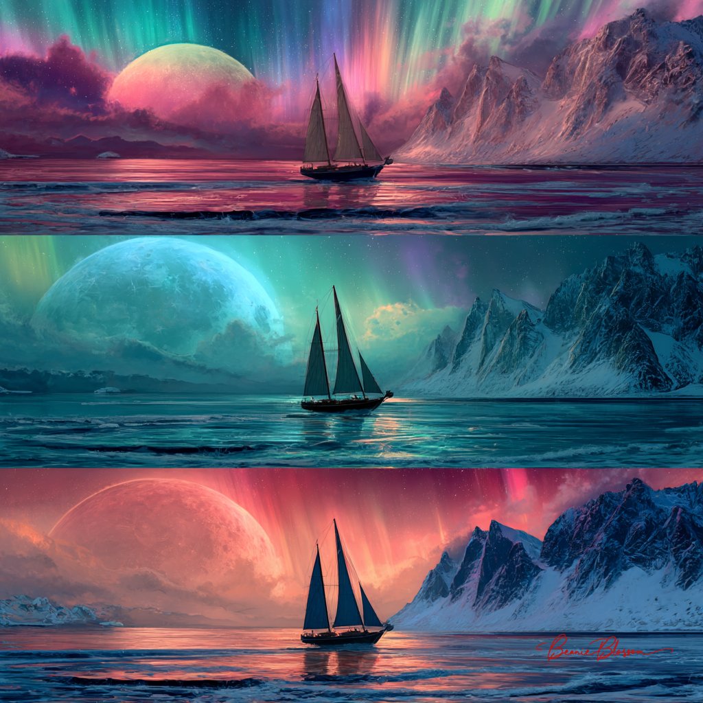 Three Different Fantasy Sailboats in the Ocean Multiple Scenes of Beautiful