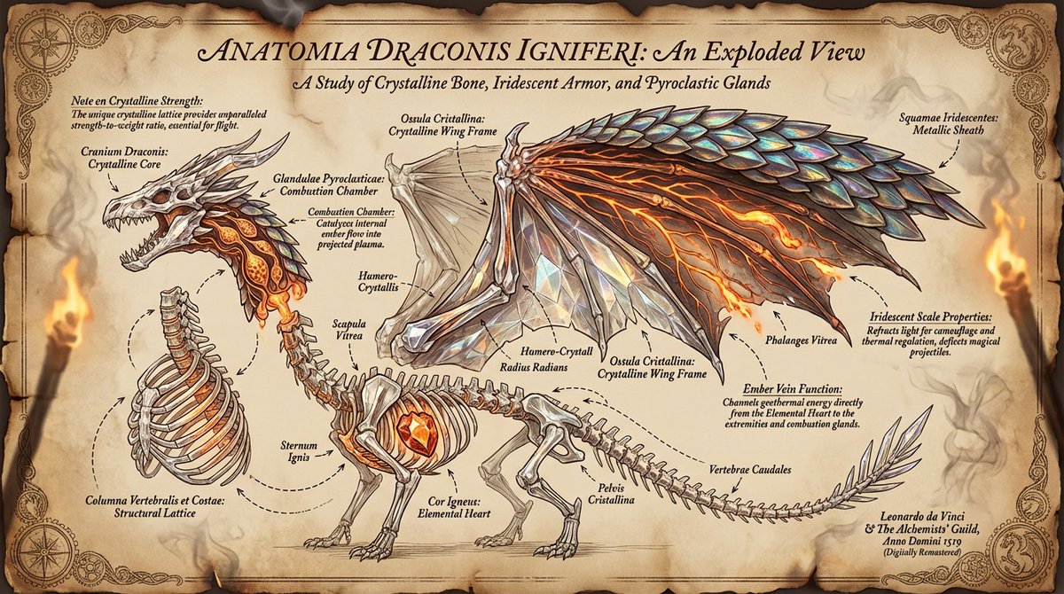 An Exploded-view Illustration of a Dragon's Anatomy Dissecting Its Wings Scales