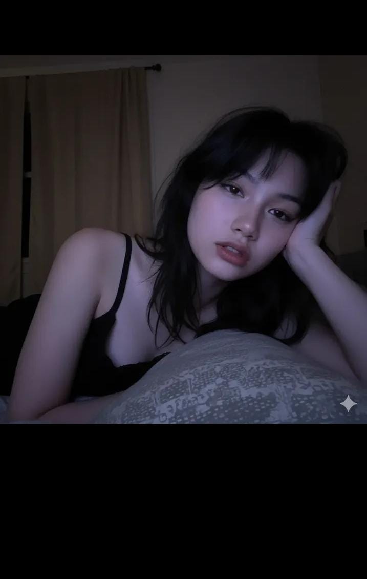 Vertical Realistic Low-light Phone Selfie in a Dim Bedroom at Night